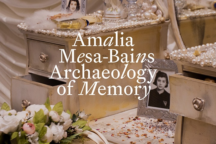 Detail, Amalia Mesa-Bains, Venus Envy Chapter I: First Holy Communion, Moments Before the End, 1993/2022. Mixed media installation with fabric, photographs, clothing, found objects, mementos, mirrors, found furniture, sand, dried petals, candles, laser prints on wall, pearls, and found images. Courtesy of the artist, Rena Bransten Gallery, San Francisco, and Berkeley Art Museum and Pacific Film Archive. Photograph by Daria Lugina.
