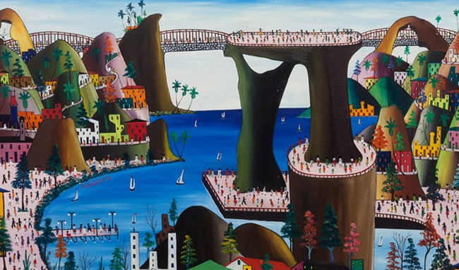 Painting by Préfète Duffaut. Colorful figures stroll across a wooden bridge, its reflection shimmering on the calm blue water below.